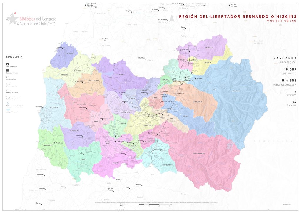 Mapa político de la región del Libertador General Bernardo O'Higgins.