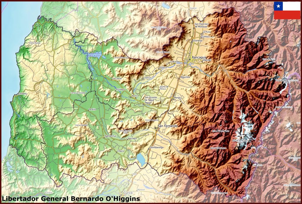 Mapa físico de la región del Libertador General Bernardo O'Higgins.