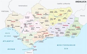 Mapa político de Andalucía con sus comarcas.