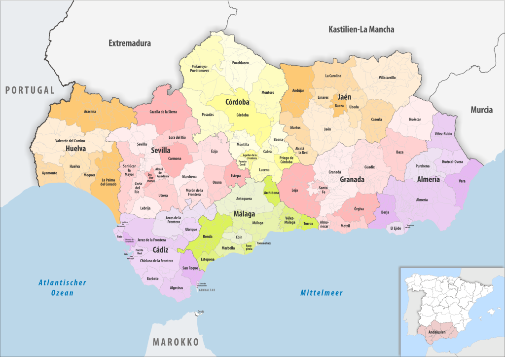 Mapa de los partidos judiciales de Andalucía.