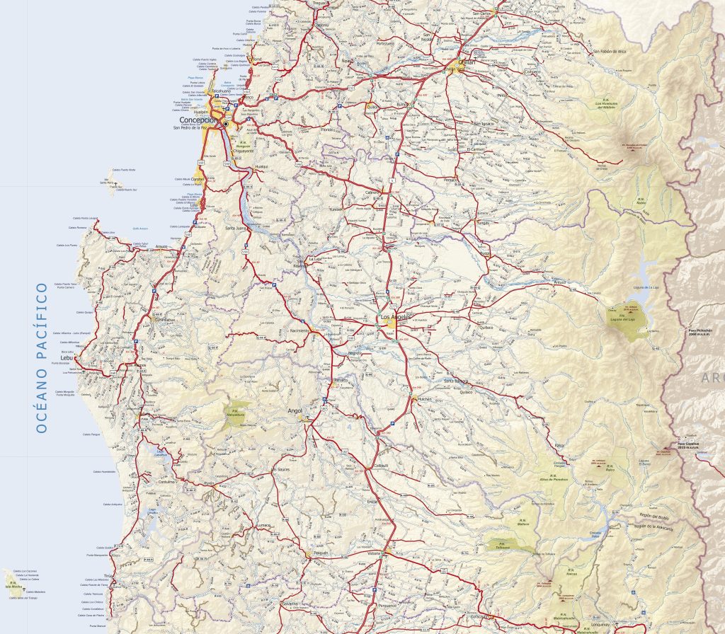 Mapa de carreteras de la región del Biobío.