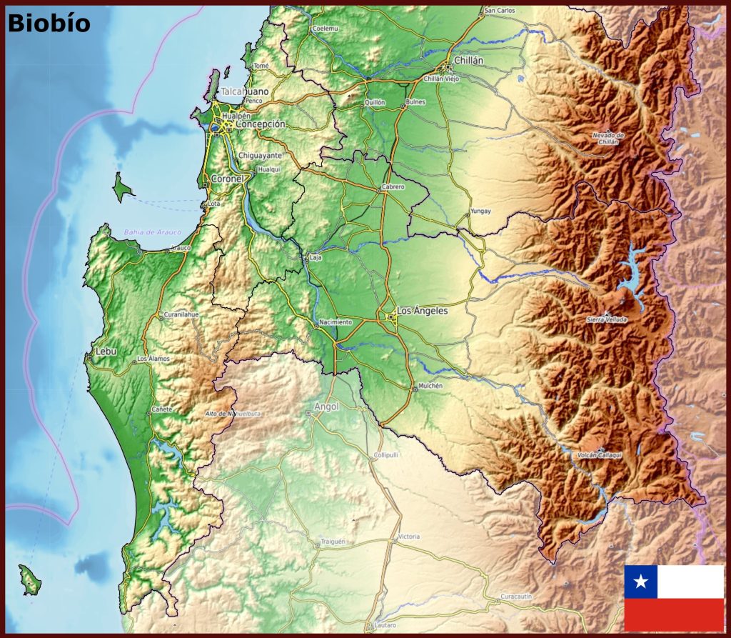Mapa físico de la región del Biobío.