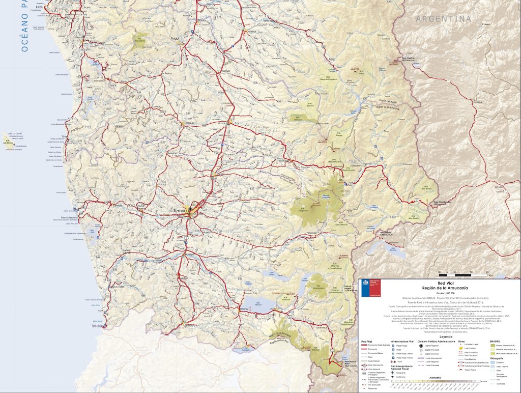 Mapa de carreteras de la región de La Araucanía.