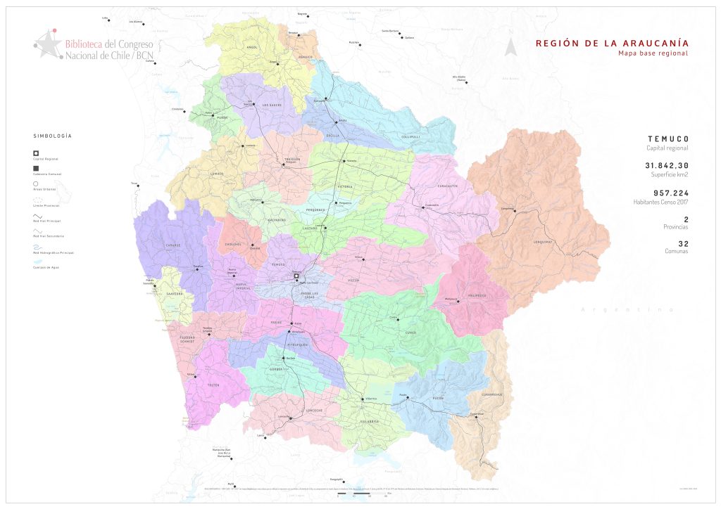 Mapa político de la región de La Araucanía.
