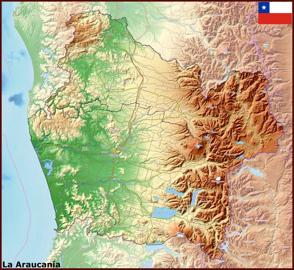 Mapa físico de la región de La Araucanía.