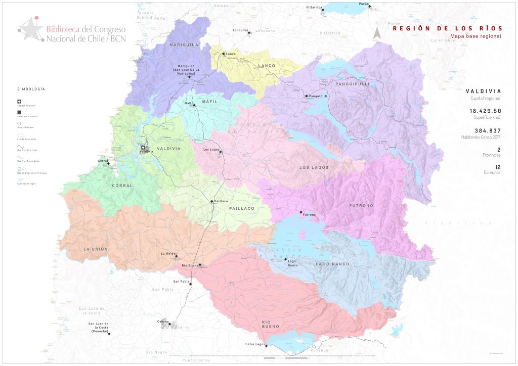 Mapa político de la región de Los Ríos.