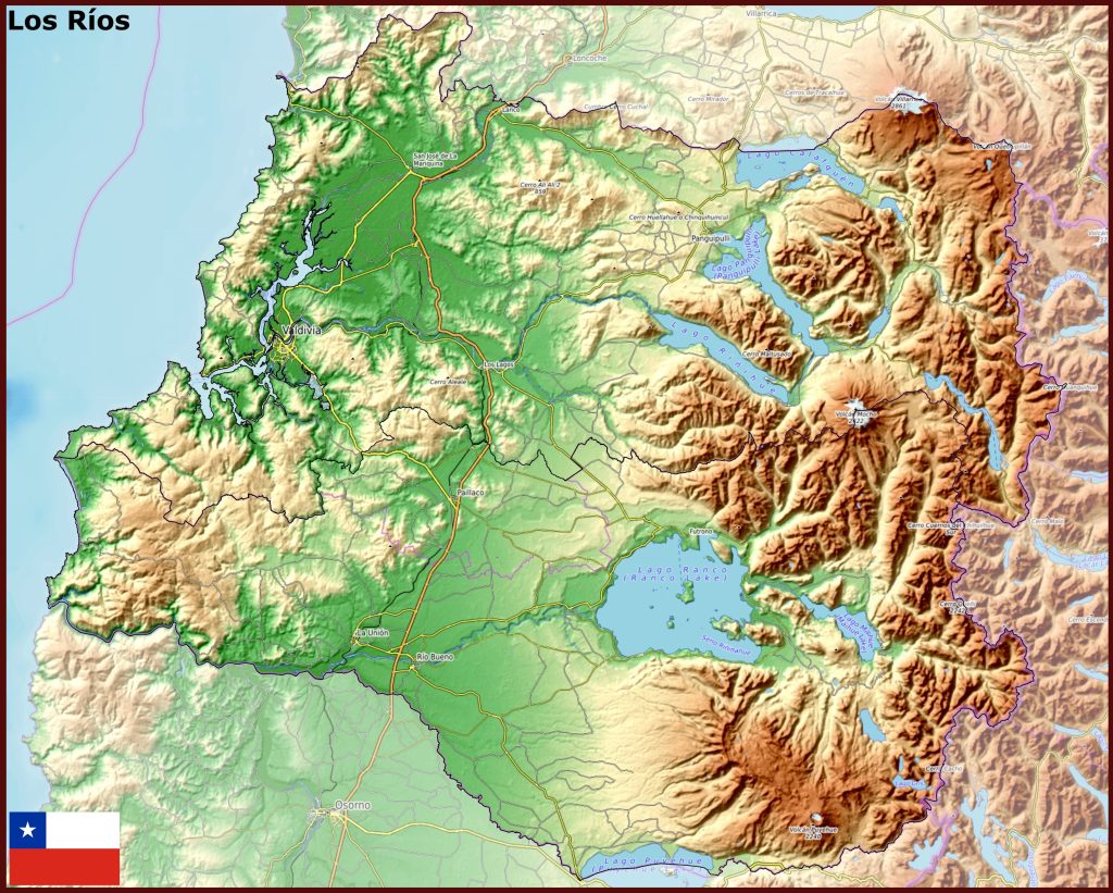 Mapa físico de la región de Los Ríos.
