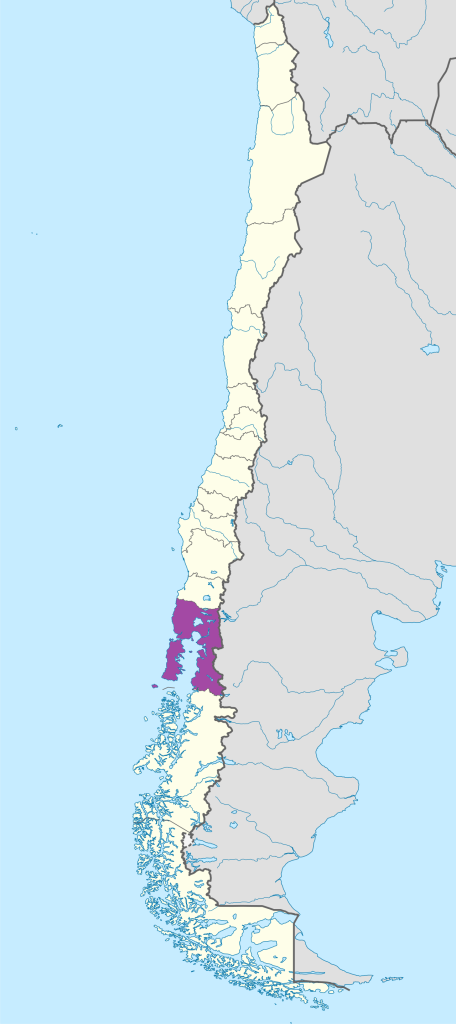 Mapa de ubicación de la región de Los Lagos en Chile.