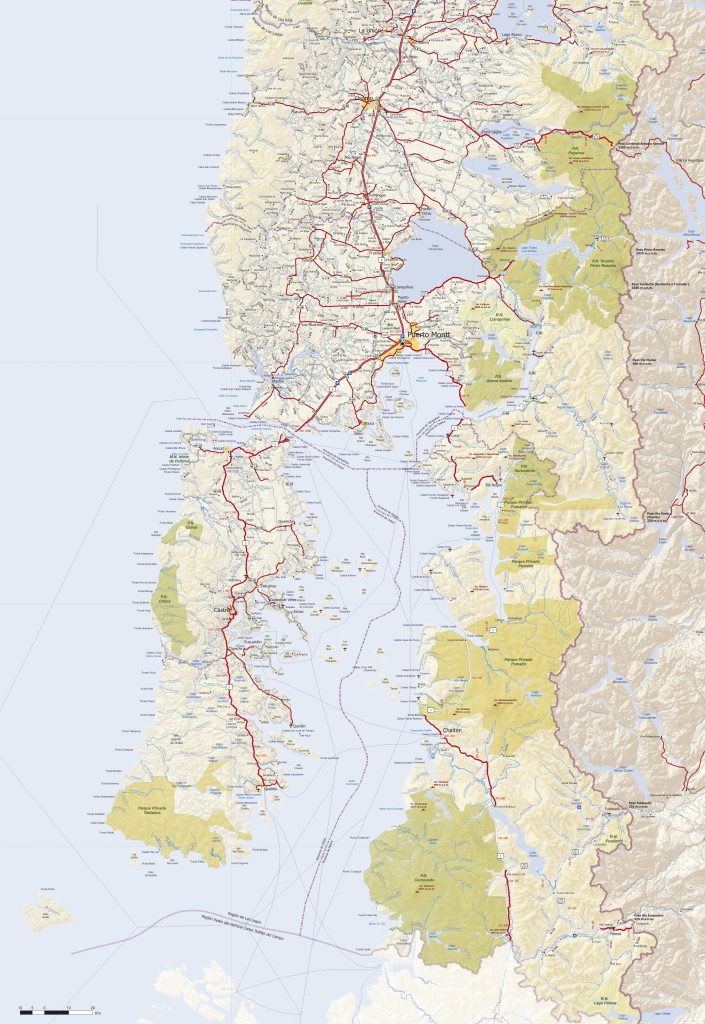 Mapa de carreteras de la región de Los Lagos.