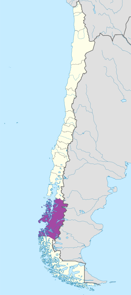 Mapa de ubicación de la región de Aysén del General Carlos Ibáñez del Campo en Chile.