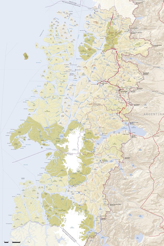 Mapa de carreteras de la región de Aysén.