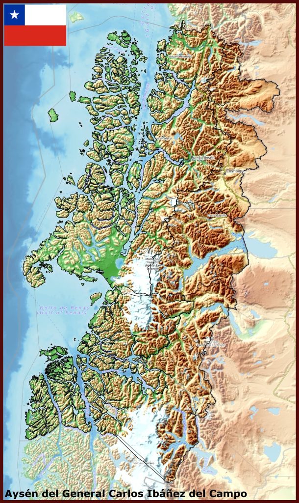 Mapa físico de la región de Aysén.
