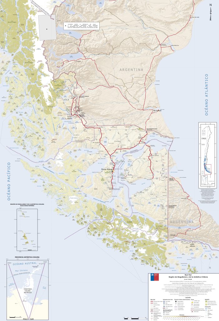 Mapa de carreteras de la región de Magallanes.