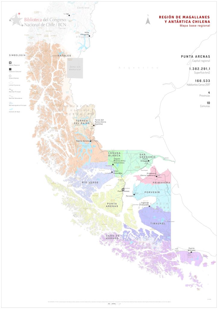 Mapa político de la región de Magallanes.