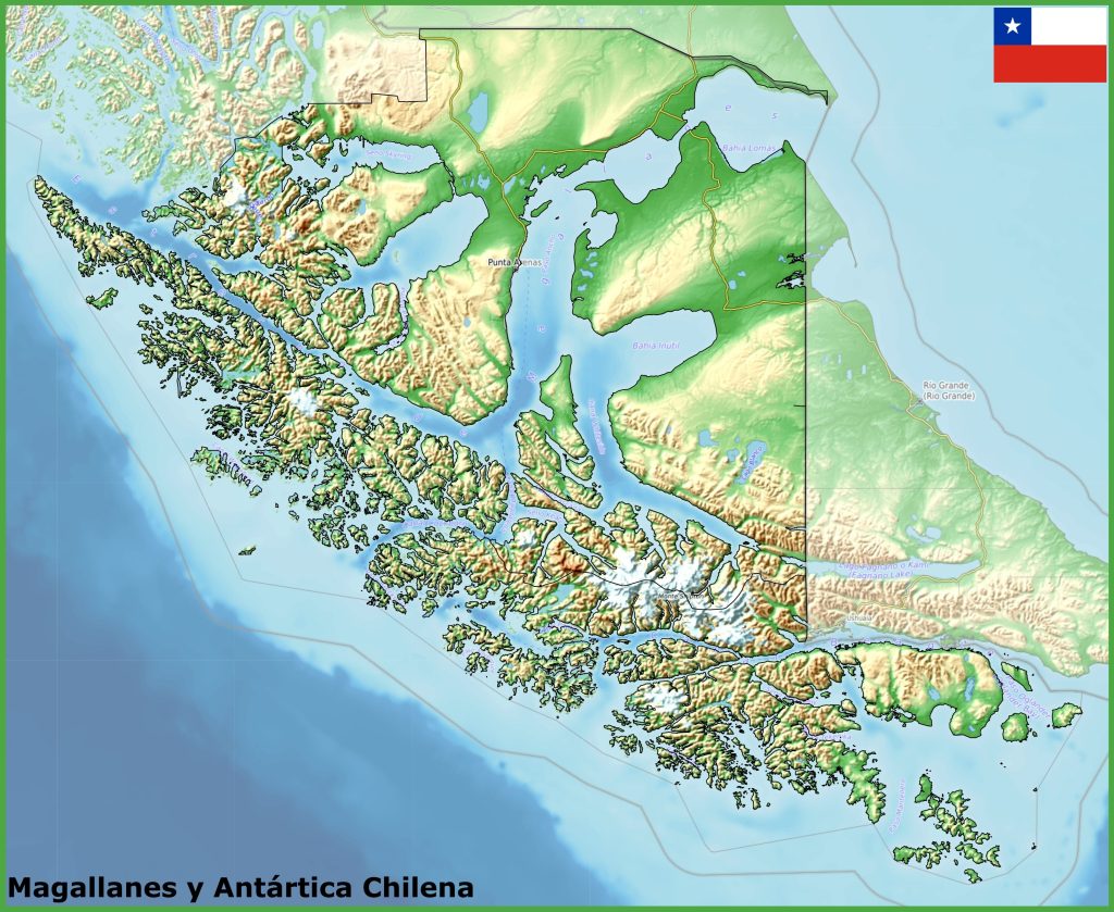 Mapa físico de la región de Magallanes.