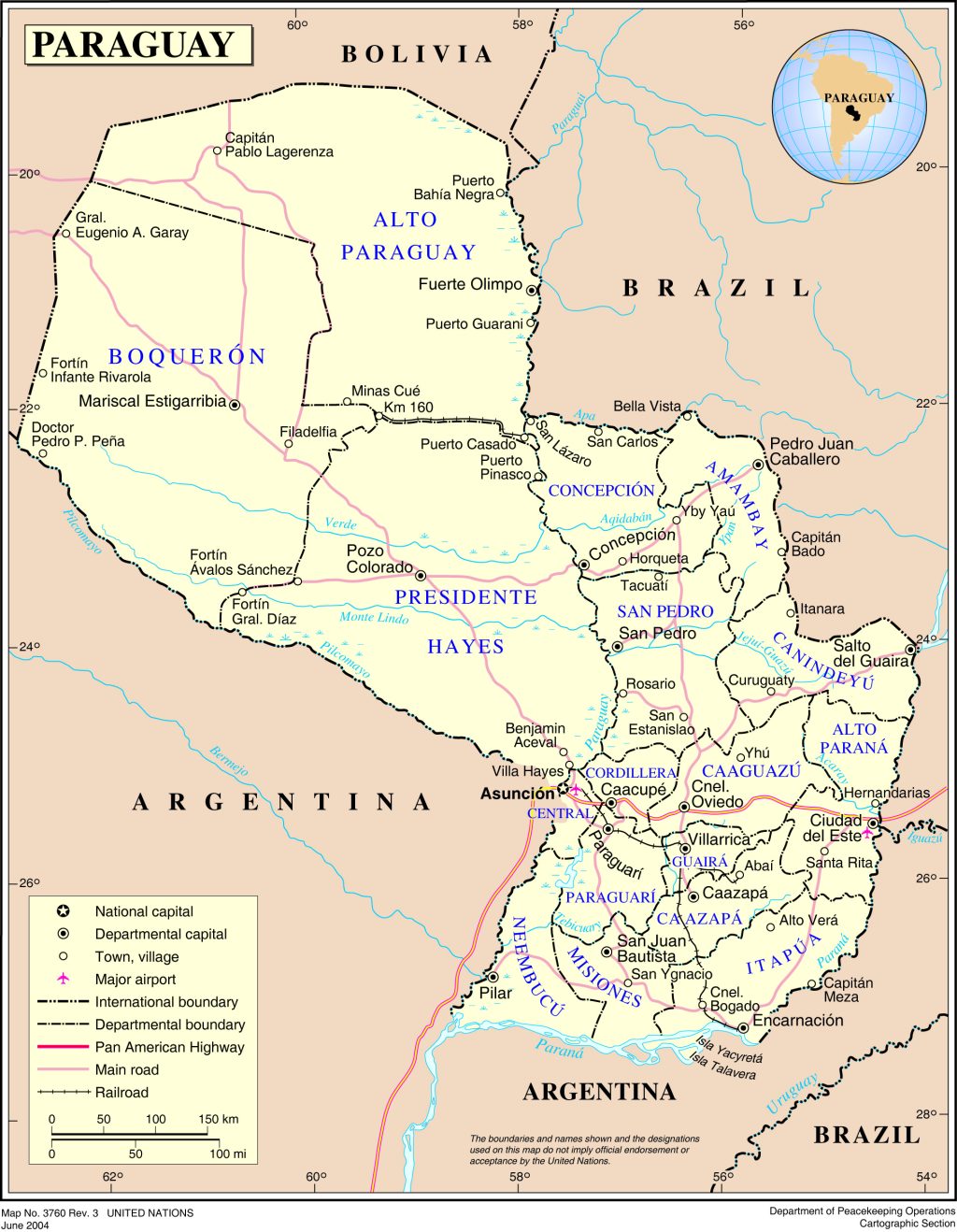 Mapa de las principales ciudades de Paraguay.