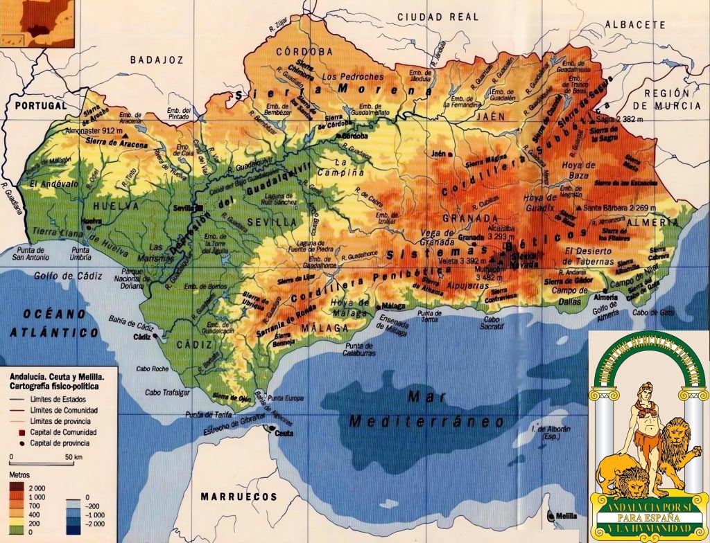 Mapa físico de Andalucía.