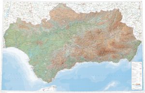 Mapa físico de Andalucía, con hipsometría y batimetría 2020.
