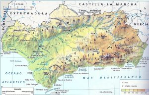 Mapa físico de la comunidad autónoma de Andalucía.