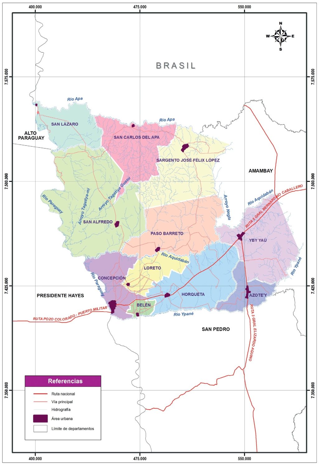 Mapa político del departamento de Concepción (Paraguay)..