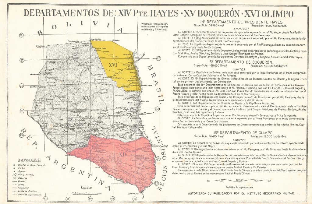 Mapa de los departamentos de Presidente Hayes, Boquerón y Olimpo de 1960.