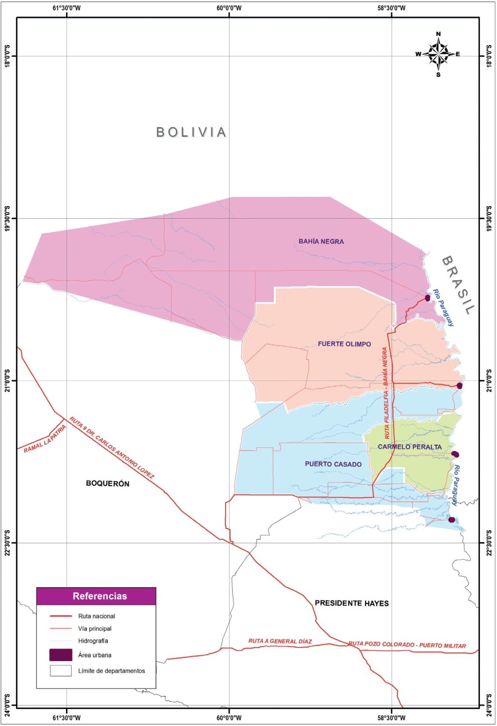 Mapa político del departamento de Alto Paraguay.