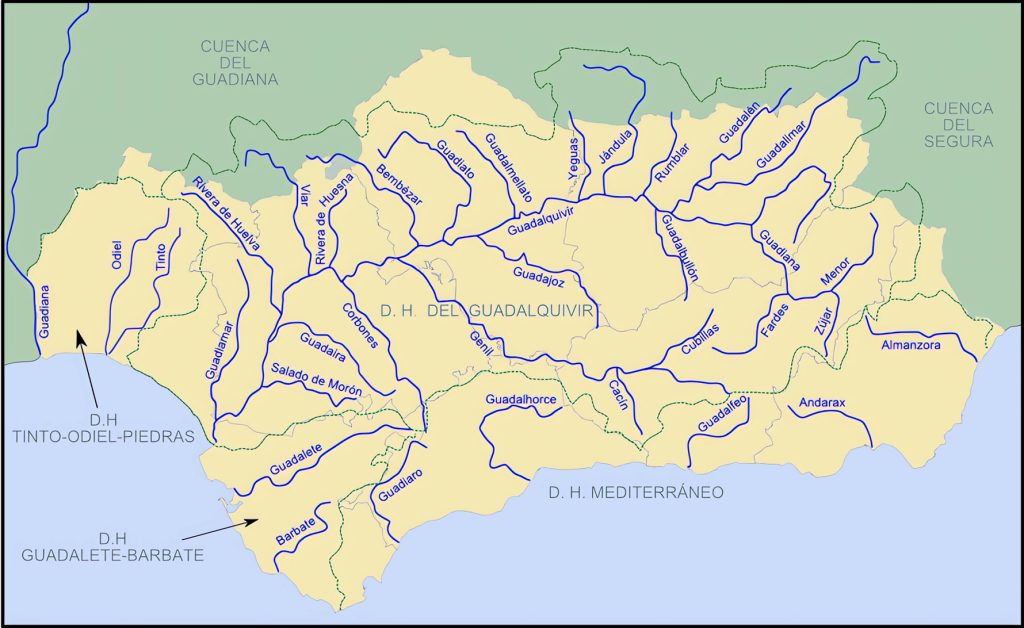 Mapa de los ríos y cuencas de Andalucía.