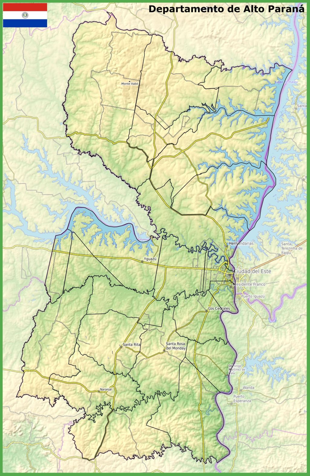 Mapa físico del departamento de Alto Paraná.