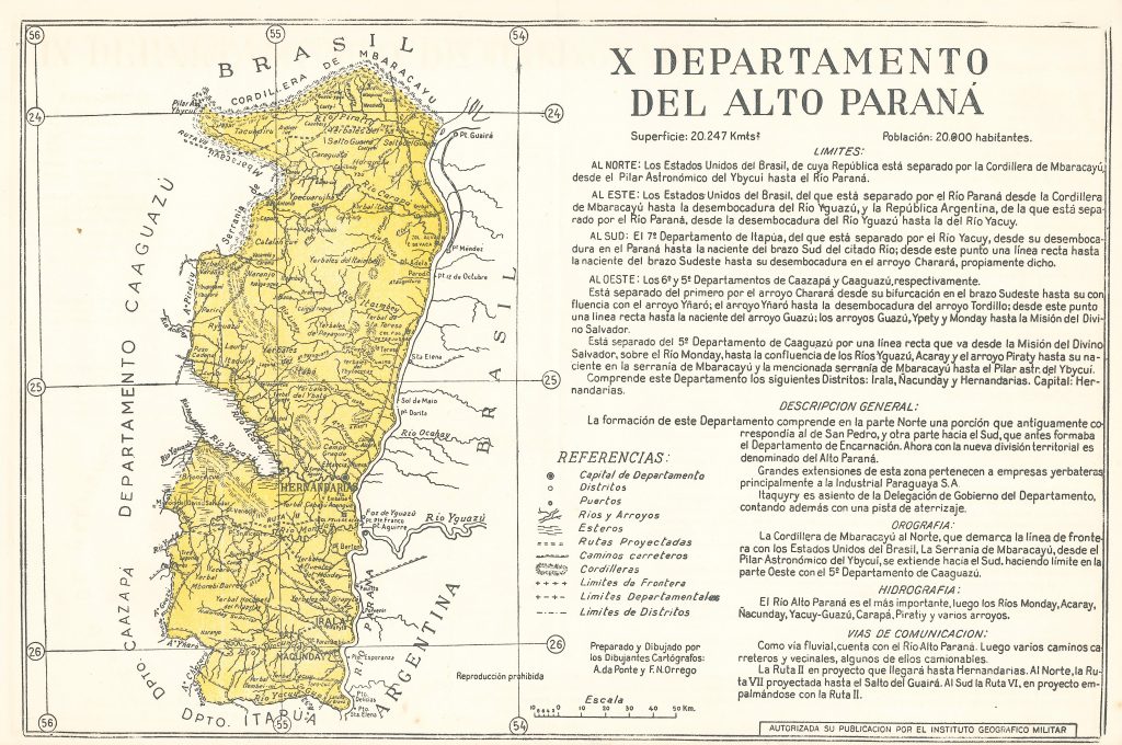 Mapa del departamento de Alto Paraná de 1960.