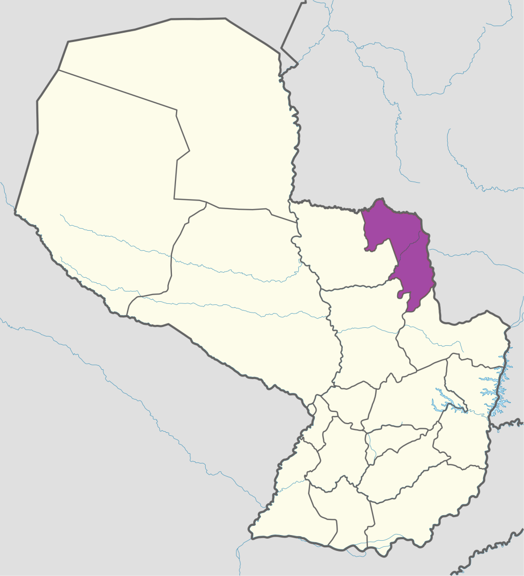 Mapa de ubicación del departamento de Amambay en Paraguay.