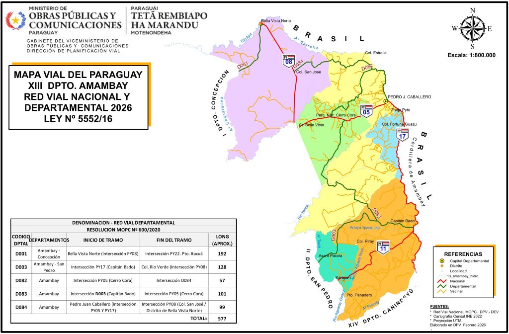 Mapa de carreteras del departamento de Amambay.