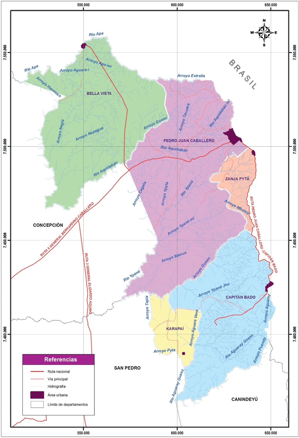 Mapa político del departamento de Amambay.