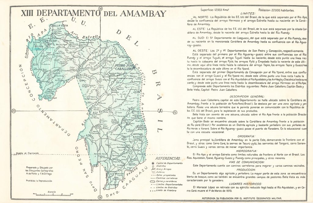 Mapa del departamento de Amambay de 1960.