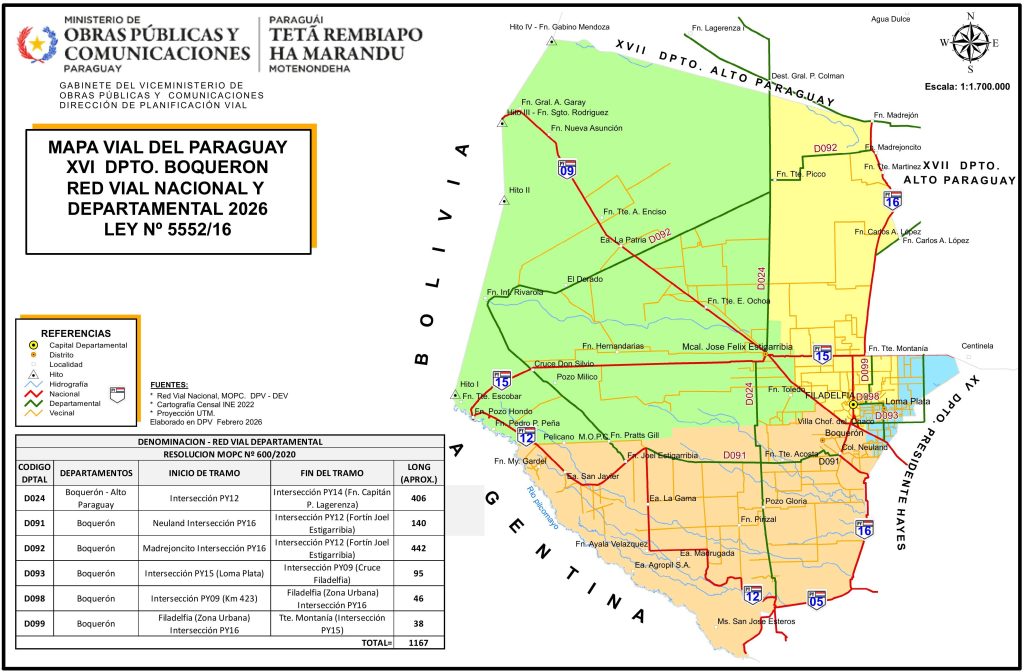 Mapa de carreteras del departamento de Boquerón.