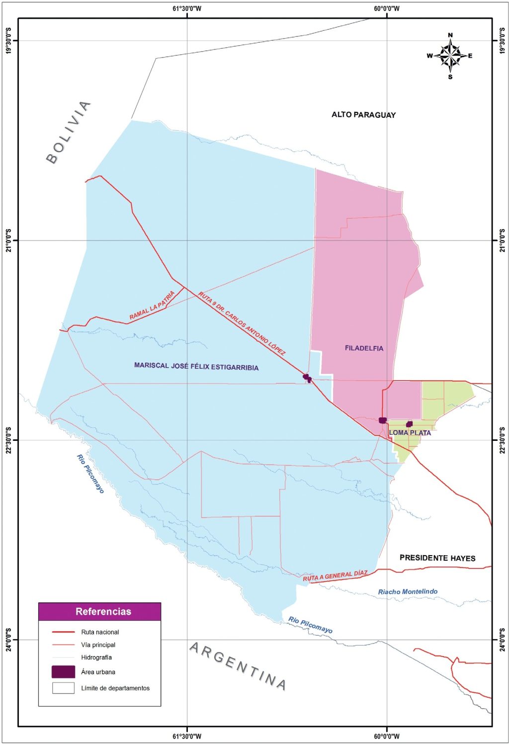 Mapa político del departamento de Boquerón.
