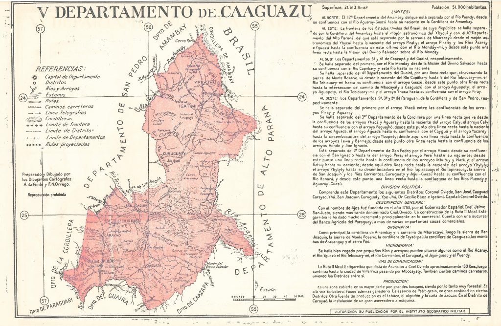 Mapa del departamento de Caaguazú de 1960.
