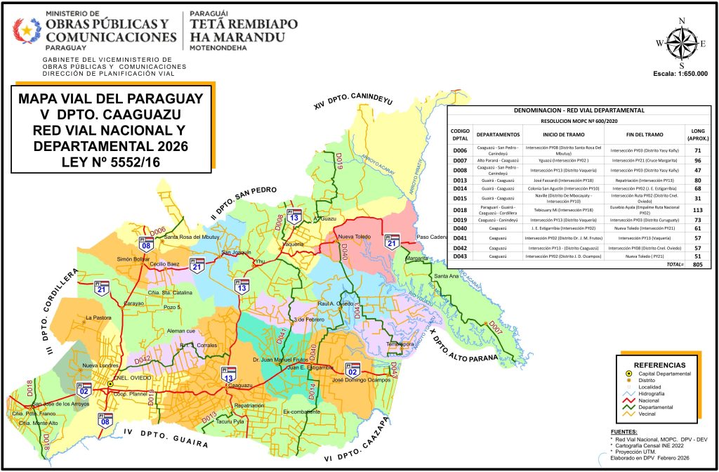 Mapa de carreteras del departamento de Caaguazú.