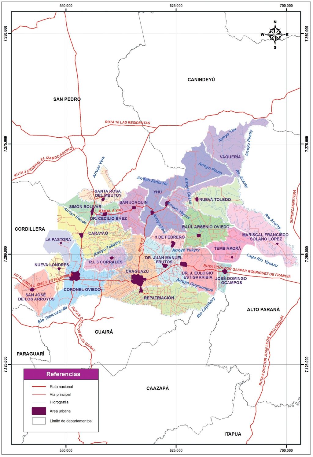 Mapa político del departamento de Caaguazú.