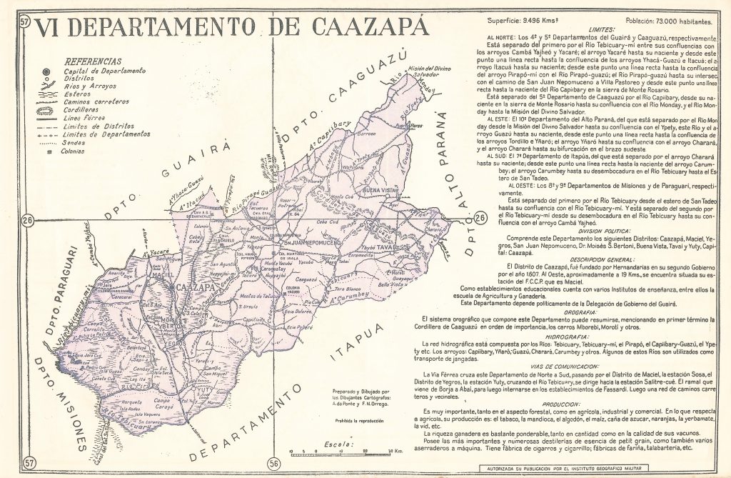 Mapa del departamento de Caazapá de 1960.