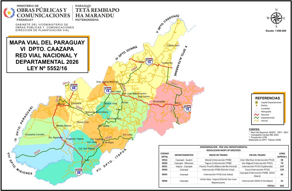 Mapa de carreteras del departamento de Caazapá.