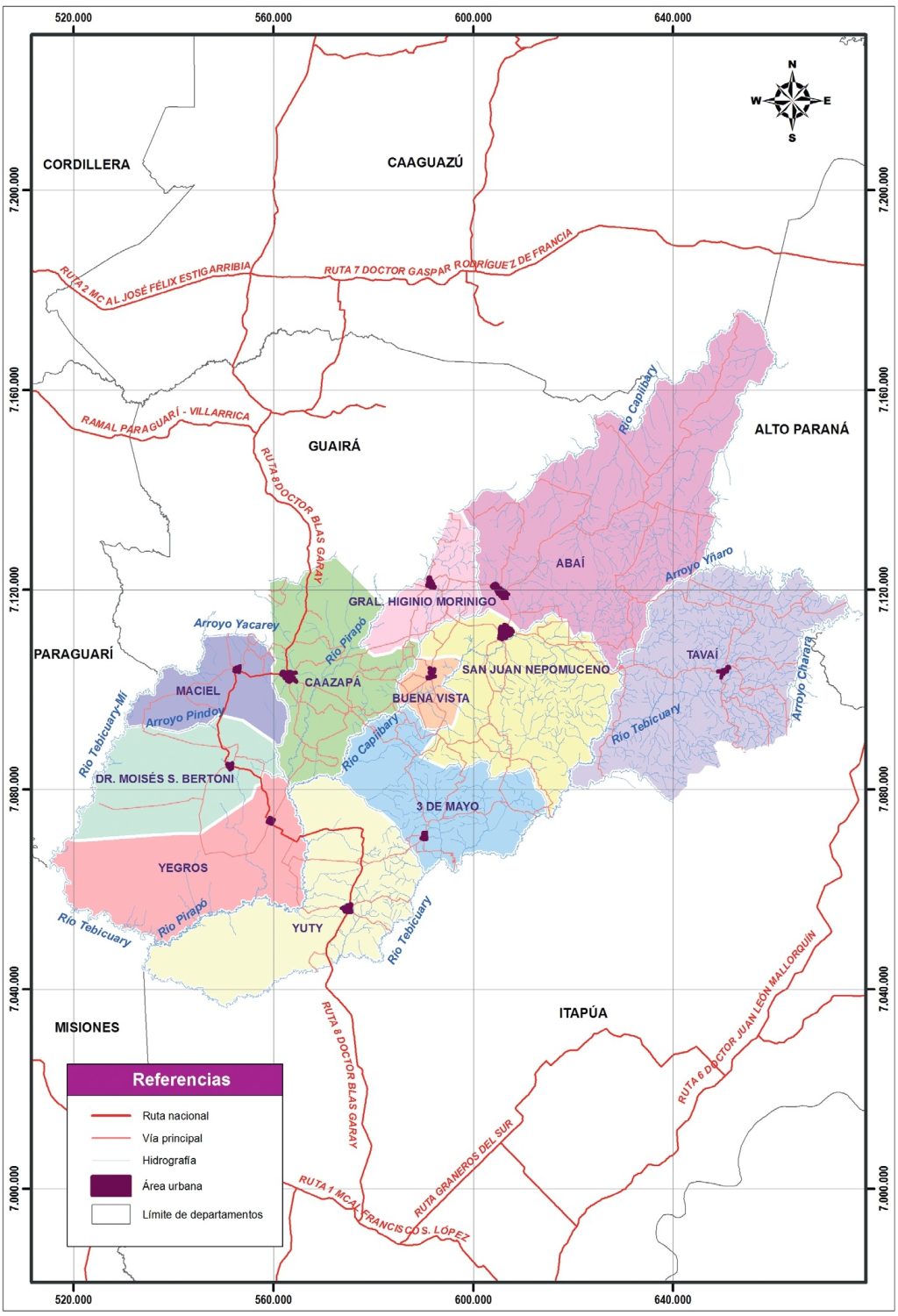 Mapa político del departamento de Caazapá.