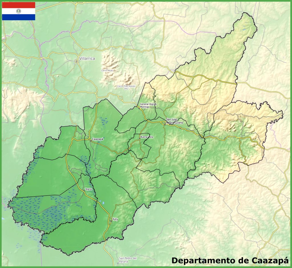 Mapa físico del departamento de Caazapá.