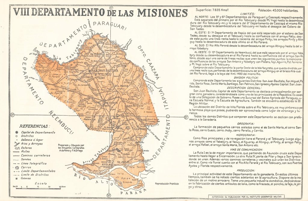 Mapa del departamento de las Misiones de 1960 (Paraguay).