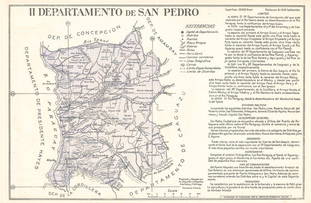 Mapa del departamento de San Pedro de 1960 (Paraguay).