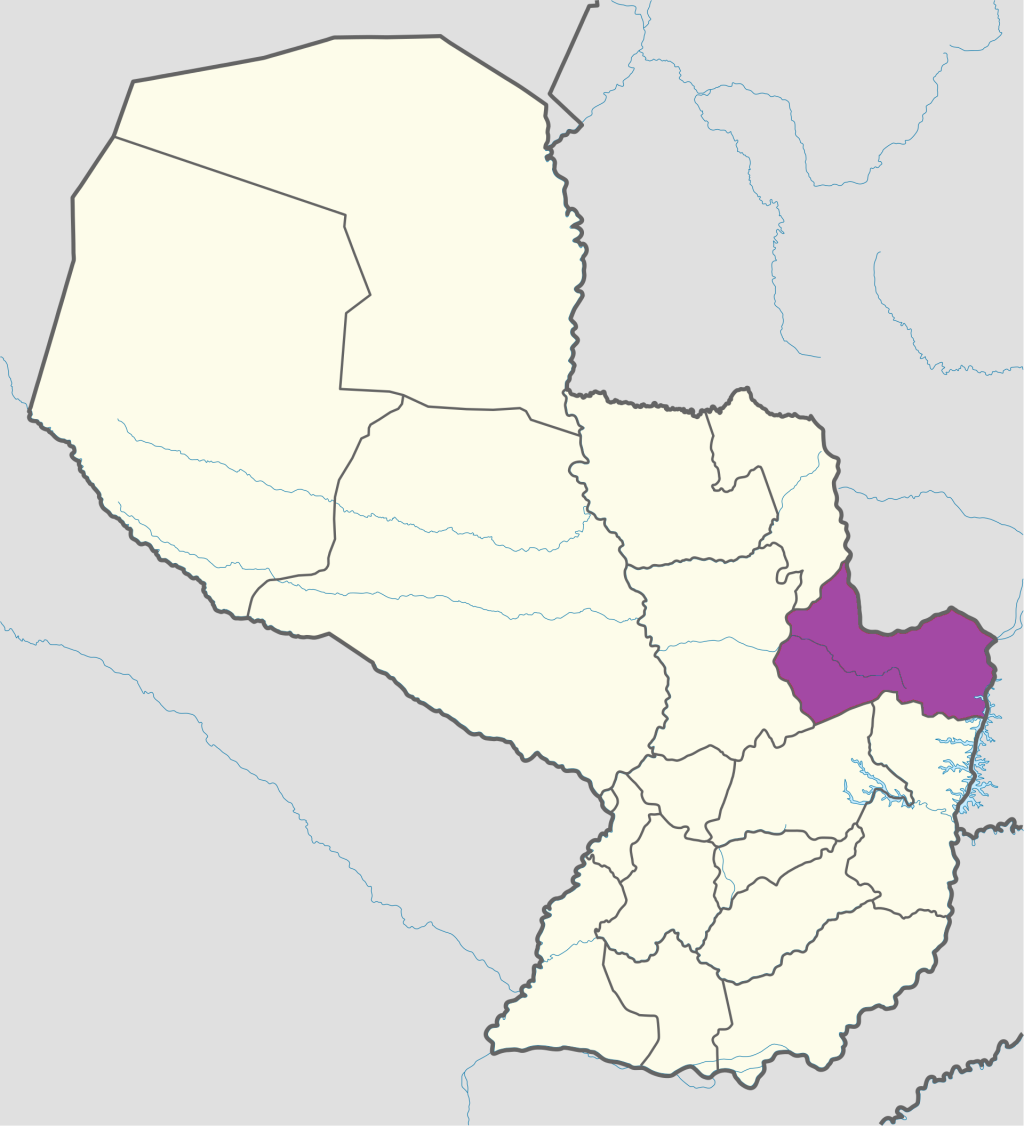 Mapa de ubicación del departamento de Canindeyú en Paraguay.