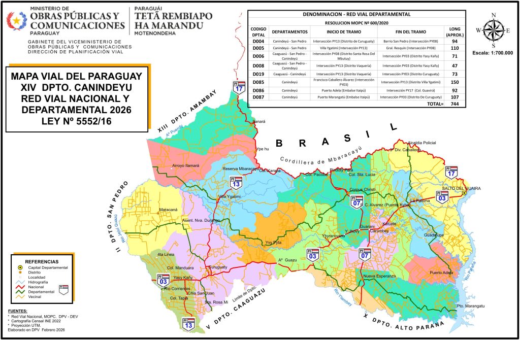 Mapa de carreteras del departamento de Canindeyú.