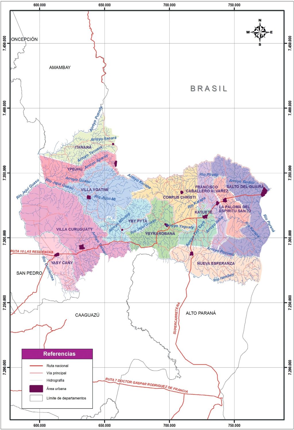 Mapa político del departamento de Canindeyú.