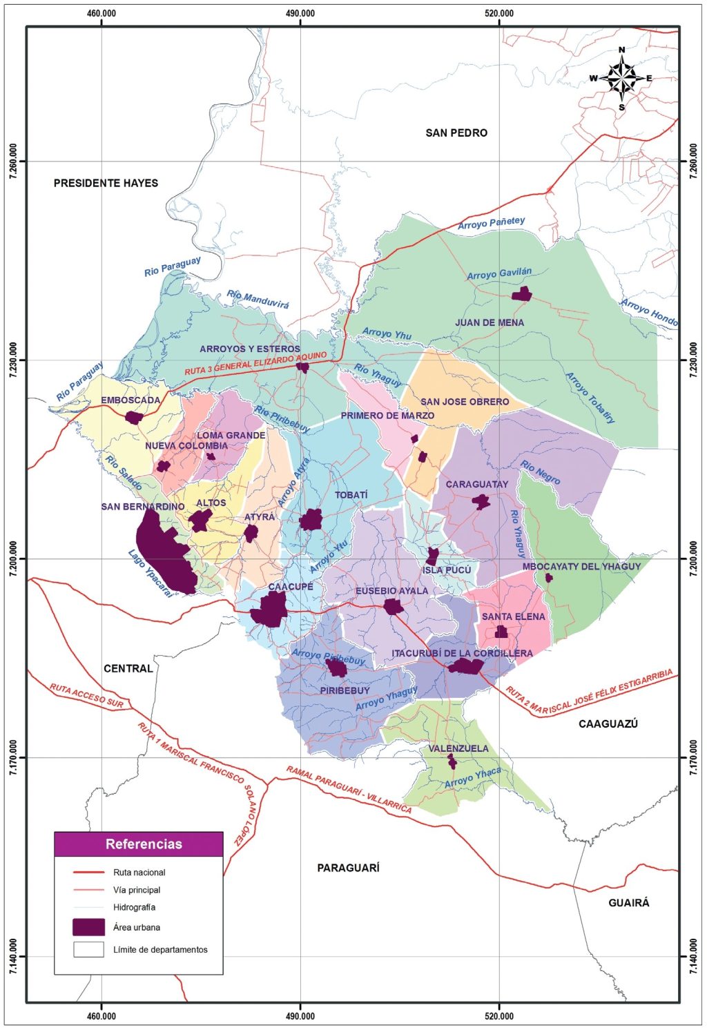 Mapa político del departamento de Cordillera.
