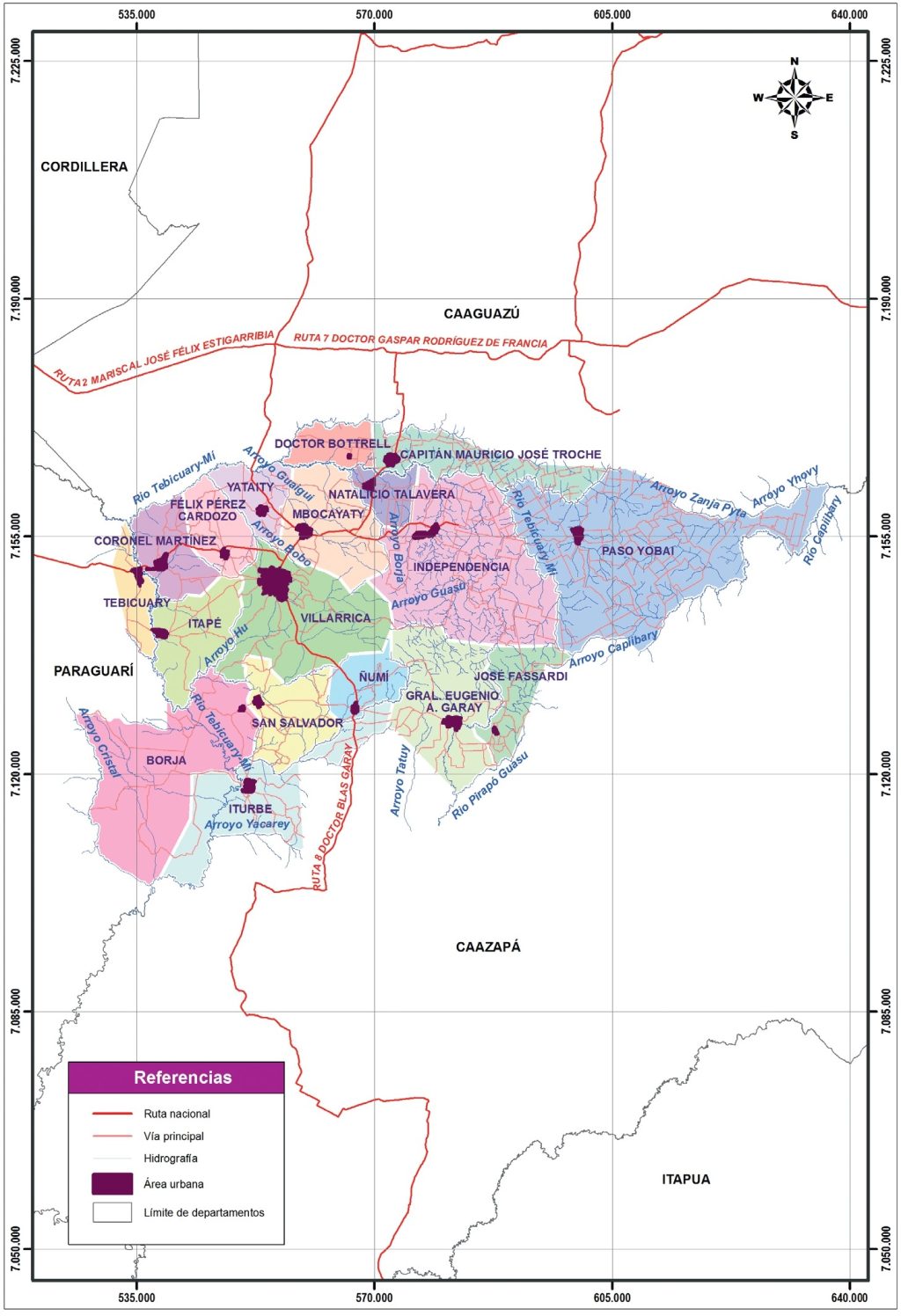 Mapa político del departamento de Guairá.