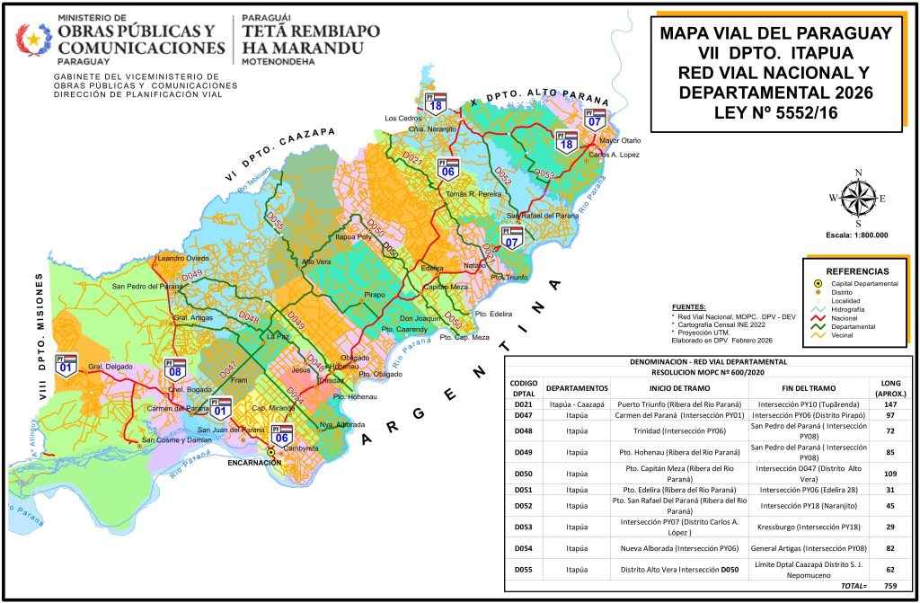 Mapa de carreteras del departamento de Itapúa.